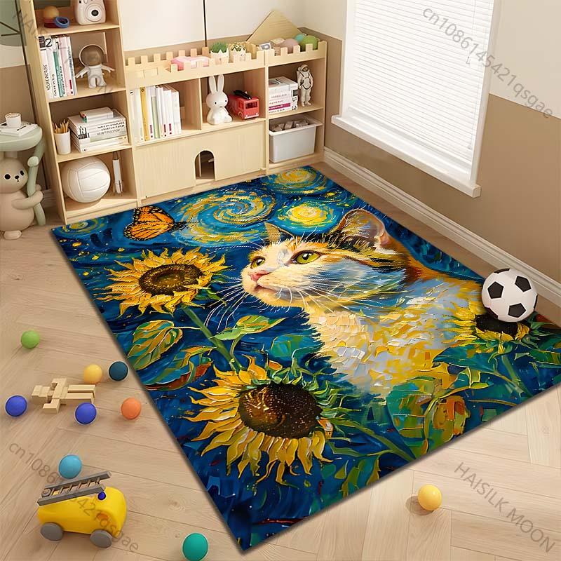 15 sizes Cat with butterfly and sunflowers Print Carpet Rug for Living Room Bedroom Sofa Doormat Home Decor Non-slip Floor Mat