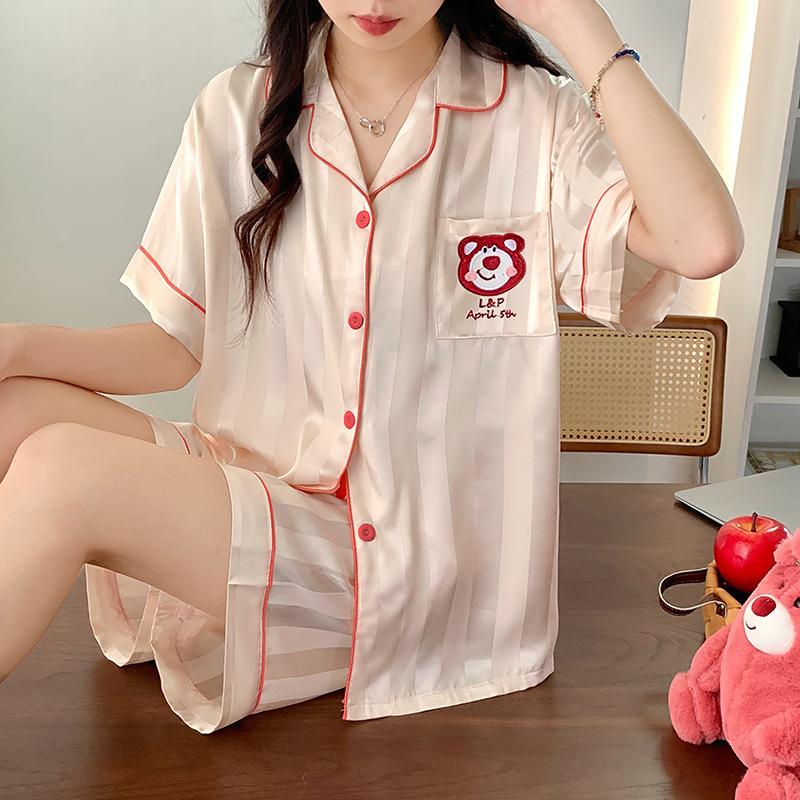 Light Luxury Sweet Strawberry Bear Cartoon Pattern Cute Summer Short Sleeve Shorts Set Loungewear