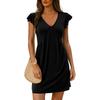 Women V Neck Flutter Sleeve Pleated Solid Color Flowy Long Dress