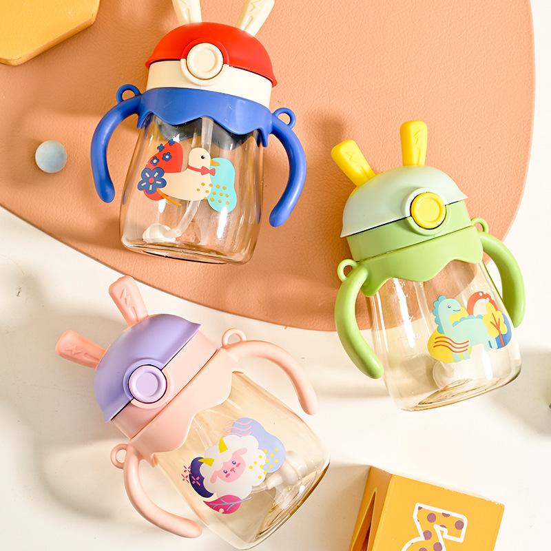 Infant Cartoon Drinking Cup with Handle Bounce Cover Childrens Straw Cup Drop-Resistant Kindergarten Men and Women Baby Learns to Drink