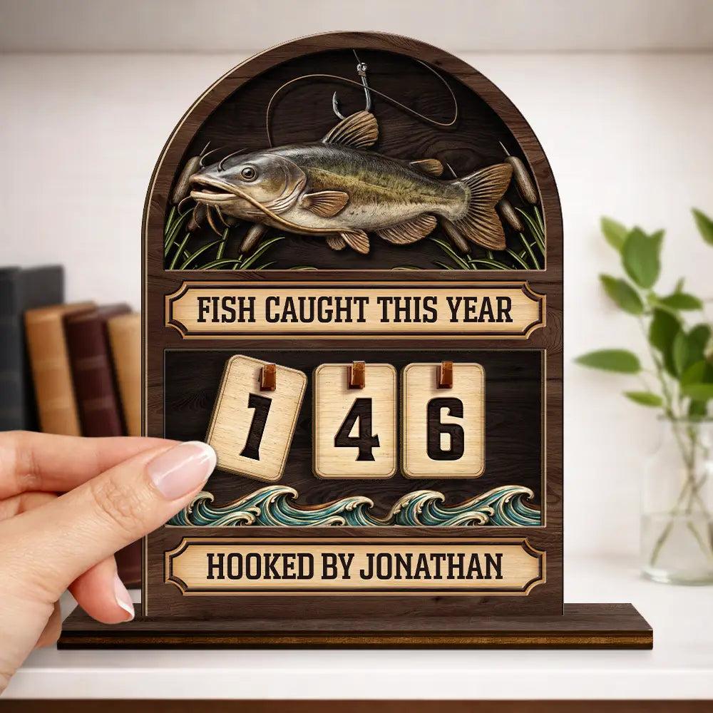 Personalized Fishing Wooden Sign 2-Layered Fish Caught Tracker Board with Number Tiles Custom Fisherman Gift for Husband Dad
