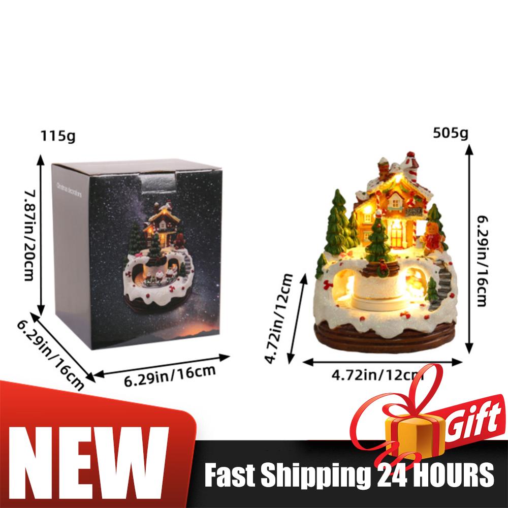 6.3inch Christmas Music Box Illuminated Music Resin House Ornament Christmas Figurines Rotating Winter Scene Home Tabletop Decor