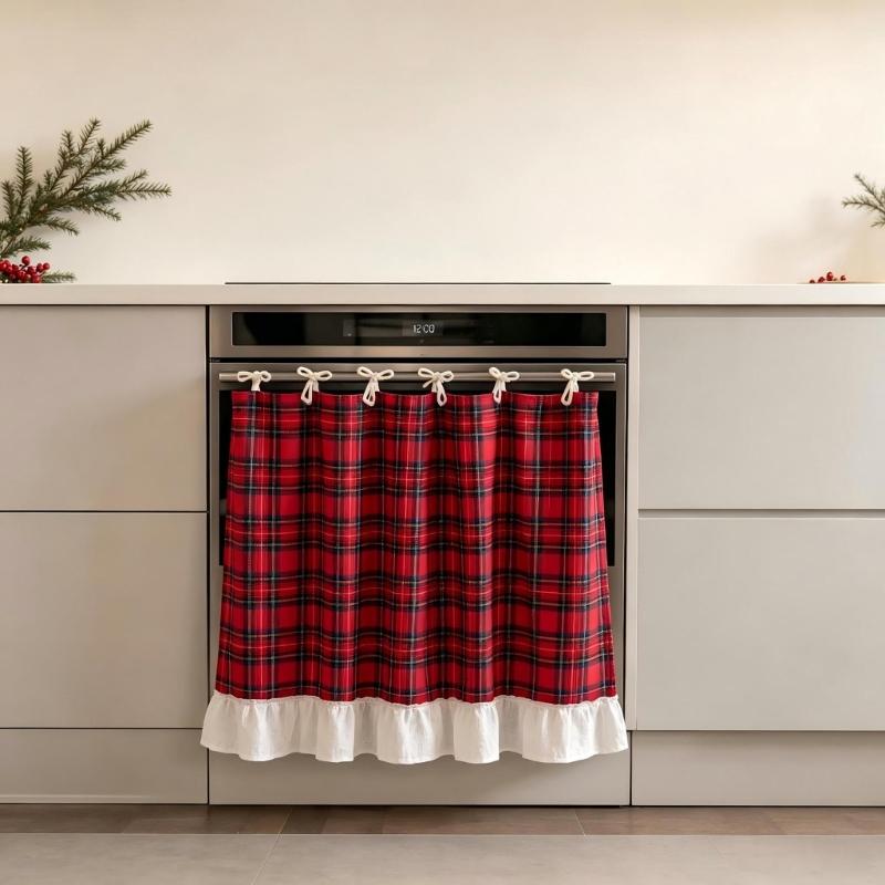 Red Patterned Oven Door Curtain Tie-On Fabric Kitchen Skirt with Ruffled Border for Cabinets Dishwasher Christmas Decoration