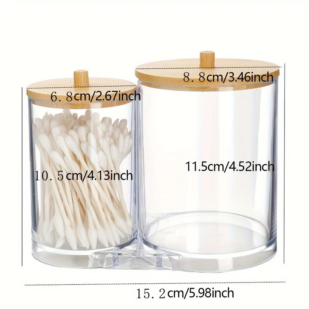 1pc Bamboo-covered Cotton Swab Box, Acrylic Round Storage Cup, Transparent Cotton Pad Box