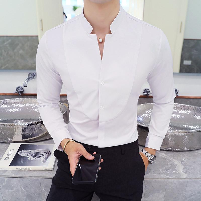 Trendy Stand-Collar Men's Patchwork Long-Sleeve Shirt - Three Colors, Plus Size, Hairstylist KTV Workwear Top