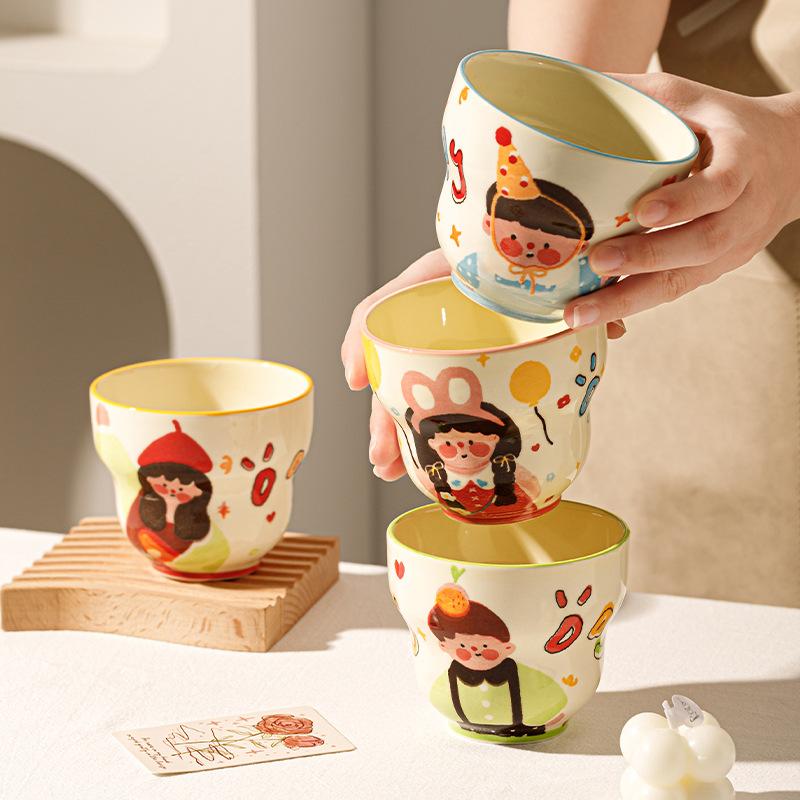 Family of 4 Ceramic Mugs Set 300ml Cute Cartoon Coffee Cups for Kids Breakfast Parent-Child Matching Drinking Cups