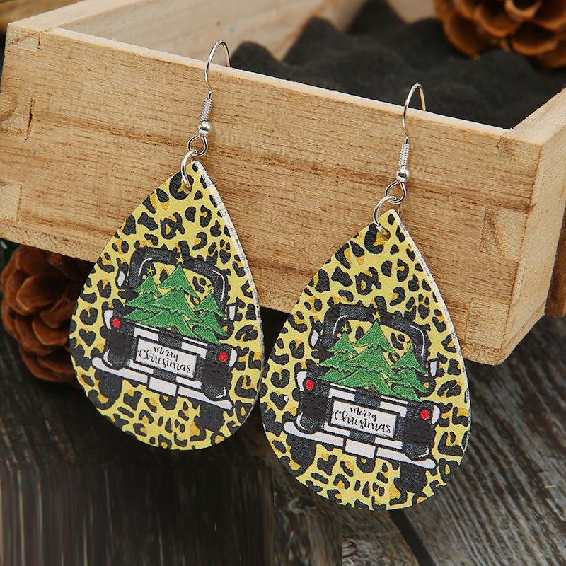European & American Christmas Leopard Print Car Decoration Tree Earrings for Women
