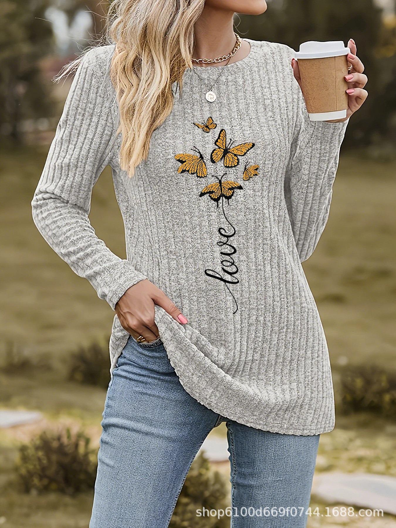 

Autumn & Winter Women s Round Neck Printed Long-Sleeve Base Shirt S чорний