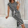 Women's Fashion Striped Loose Slit Round Neck Casual Dress