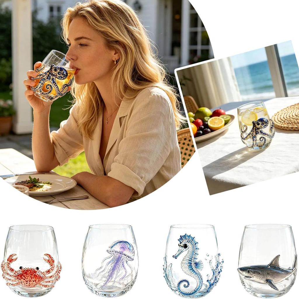 3D Artisanal Blue Ringed Octopus Glassware Handcrafted Marine Animal Bar Glass for Coastal Home Decor Ocean Lovers
