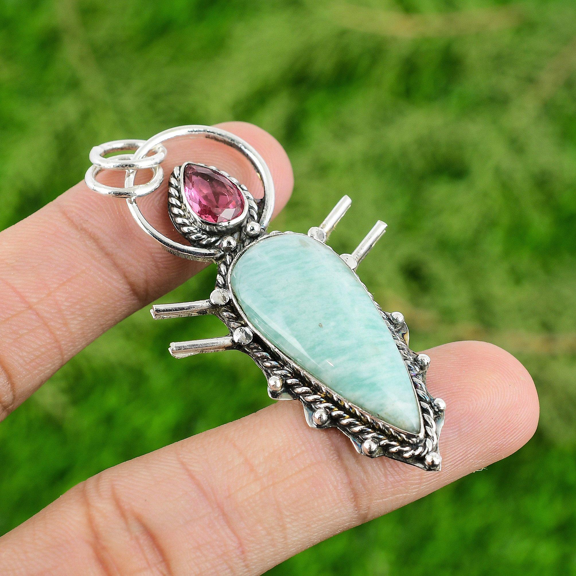 

Natural Amazonite Gemstone Pendant Handmade 925 Sterling Silver Indian Jewelry