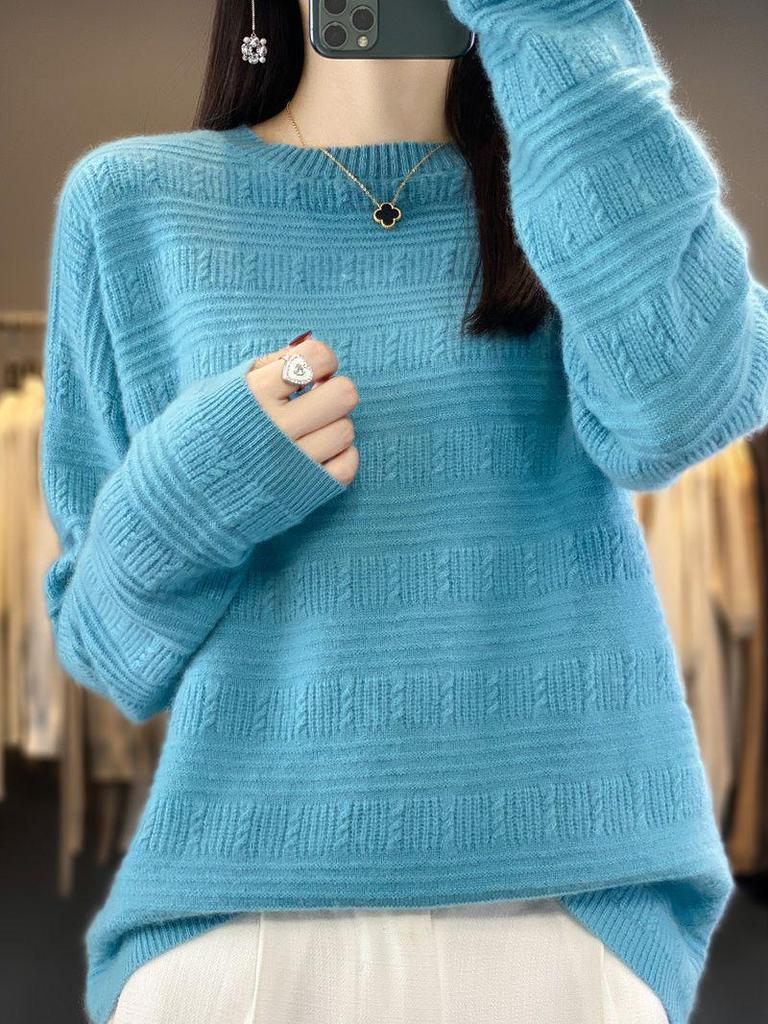 Women's Loose Wool Crochet Sweater - Round Neck Knitwear, Hollow Design, Autumn/Winter Versatile Style