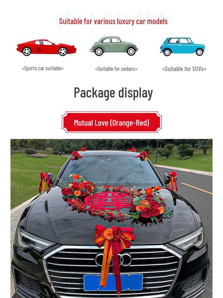 Complete Wedding Car Decoration Set: Front Flower Main Car and Lead Car Arrangement