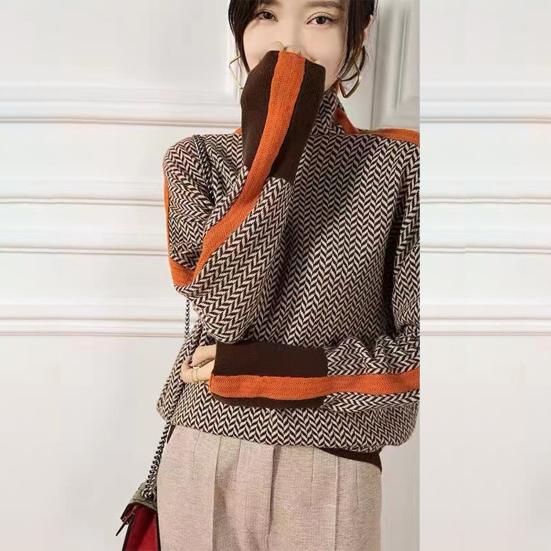 Ženy Podzim Zima Kontrastní barva Svetr Vysoký límec Dlouhý rukáv Sestřihy Design Pletené topy Silný teplý svetr