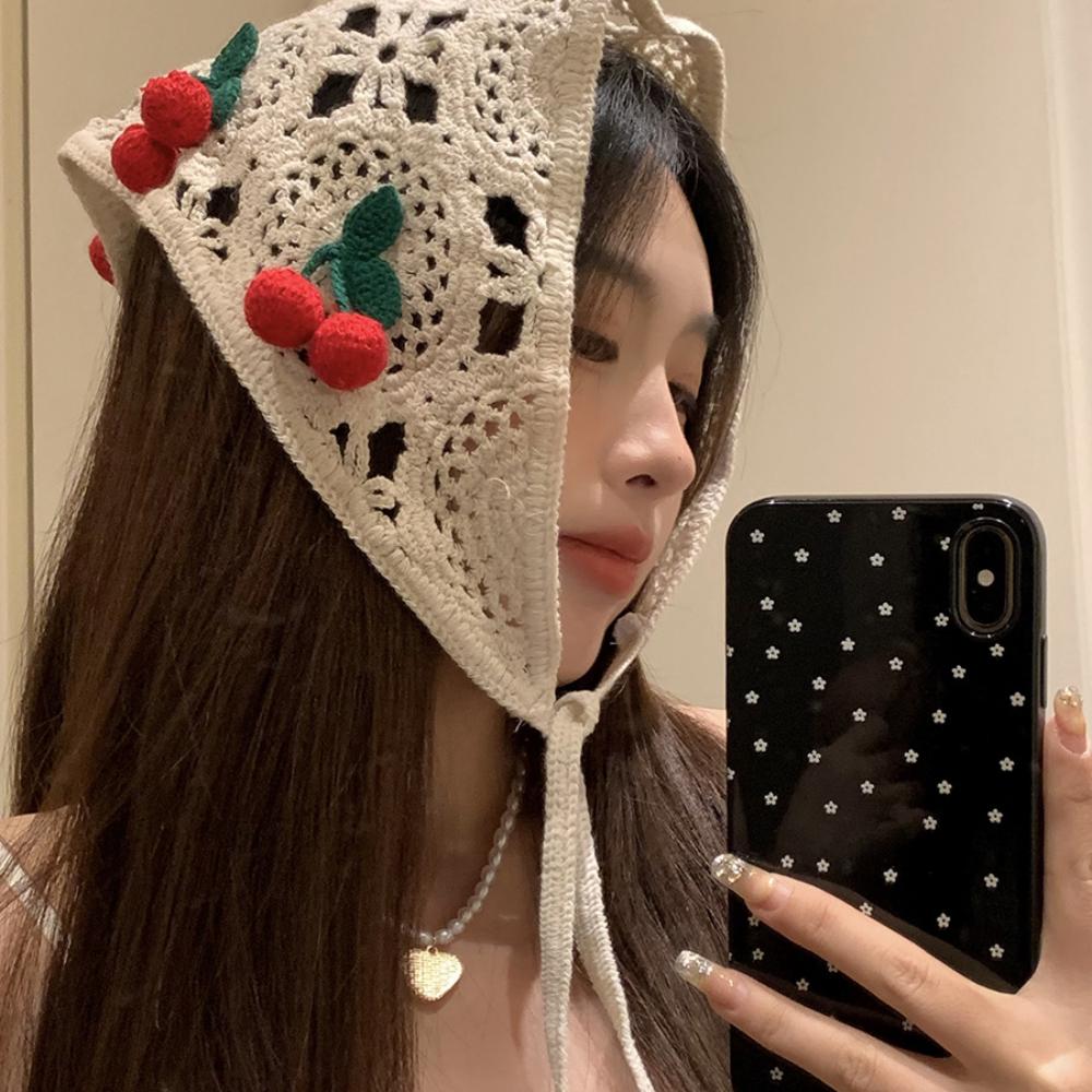 Knitted Triangle Headband Cute Little Cherry French Pastoral Style Headband Towel Handmade Crochet Headscarf Hat Girls
