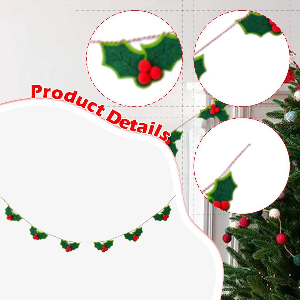 180cm Christmas Felt Garland Decoration, Holiday Banner with Red Berries, Green Leaves Pre Assembled