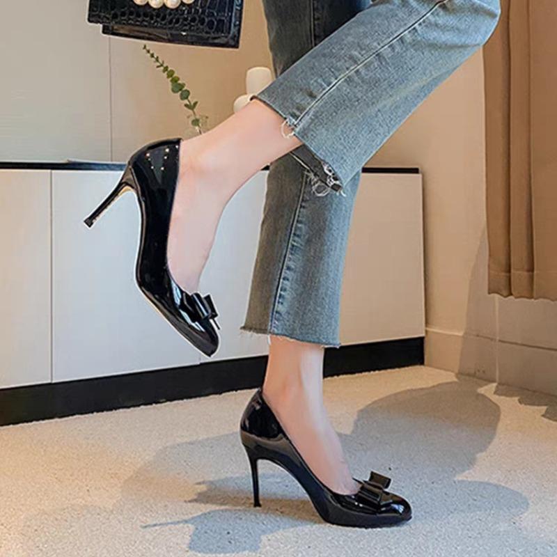 Stiletto Single Shoes Women's Fashion Round Toe Shallow Mouth Bow Slip Foot Anti-Slip Wear-Resistant High Heels
