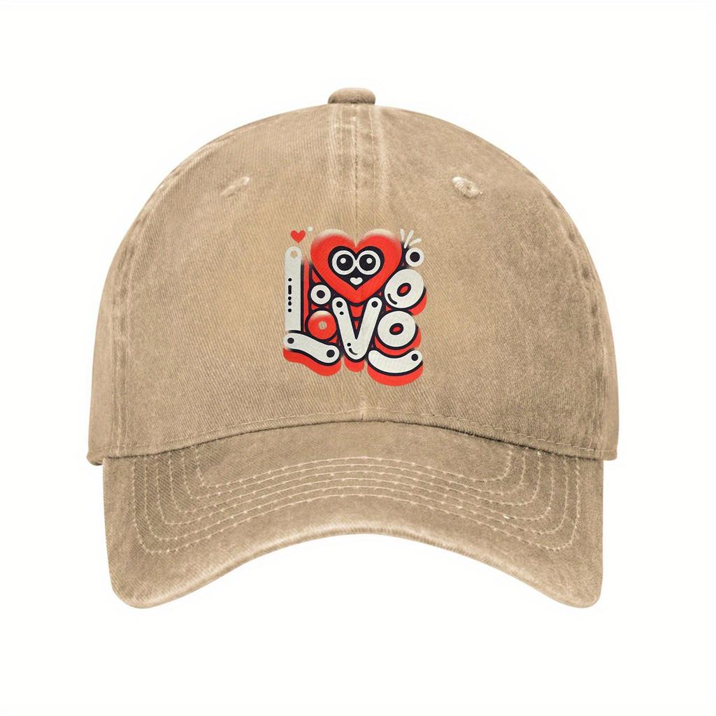 Funny Cartoon Love Heart Graphic Adjustable Baseball Cap Denim Washed Dad Hat Casual Unisex