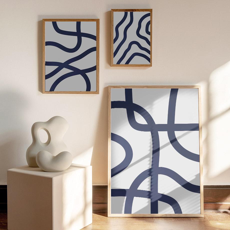 Boho Abstrakte Marineblaue Sonne Geometrische Linien Blatt Pflanzen Nordic Poster Wand Kunstdrucke Leinwand Malerei Wohnzimmer Wohnkultur