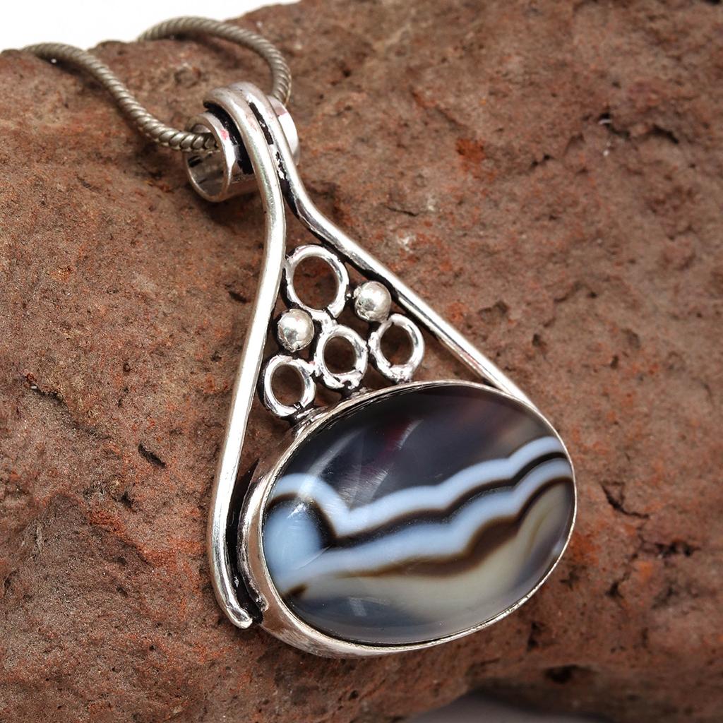 Gray Botswana Agate Gemstone Mother's Day Silver Jewelry Pendant 1.75"