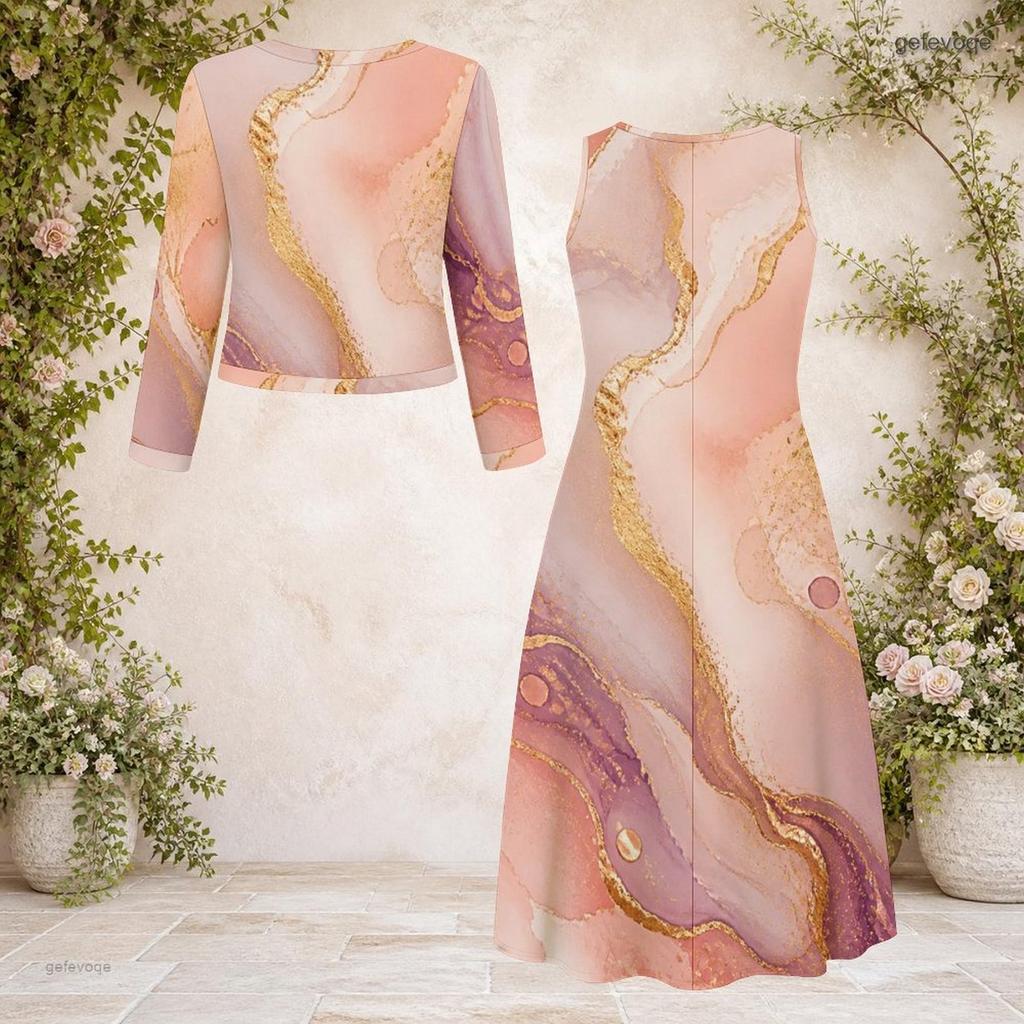 Women Plus Size Teal Blue Printed Round Neck Long Sleeve Cardigan Sleeveless Dress Two Piece Set