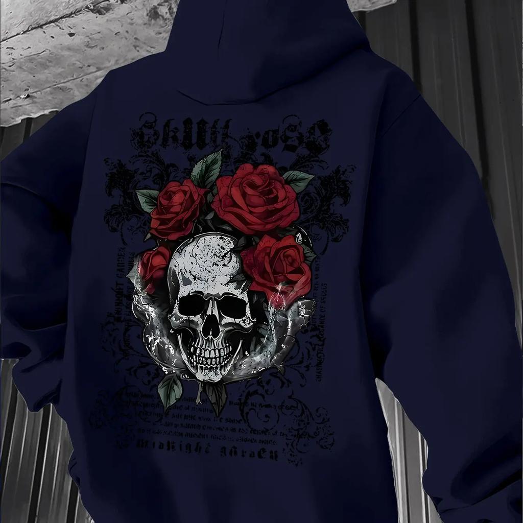 Grim‑rose Men Hoodie Fashion Rear Retro Gothic Skull Floral‑themed Motif Print Pullover For Soft Relaxed Casual Street Wear