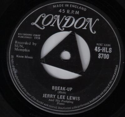 7inch Record JERRY LEE LEWIS - Break-Up 45HLS8700 London Records 1958 UK Rock Used