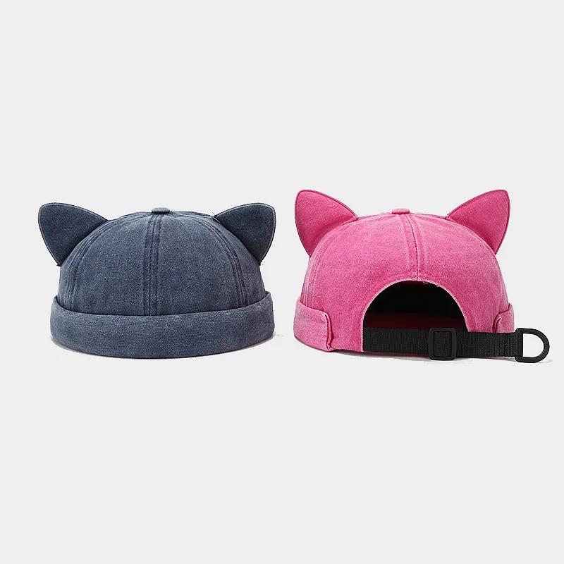 New Creative Cute Cat Ears Adjustable Melon Skin Hat Women Fashion Versatile Brimless Dome Landlord Cap Hip Hop Men Beanie Caps