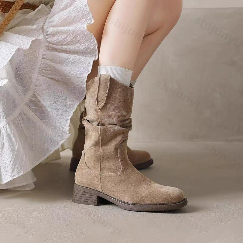 Fashion Vintage Women Cowboy Boots Autumn Winter Outdoor Non Slip Height Increase Shoes Comfortable Fashionable Platform Mid Calf Boots