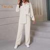 2 Pcs/Set Fall Spring Women Shirt Pants Set Long Sleeves Lapel Button-down Blouse with Chest Pocket Elastic Waist Trousers OL Commuting Sport