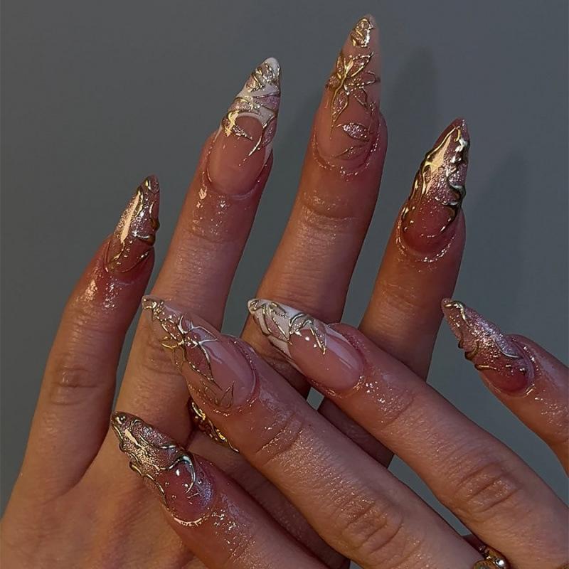 

30 pieces of daily hot-selling almond white French gilt wearing nail armor, flower pink blush nail art tablets