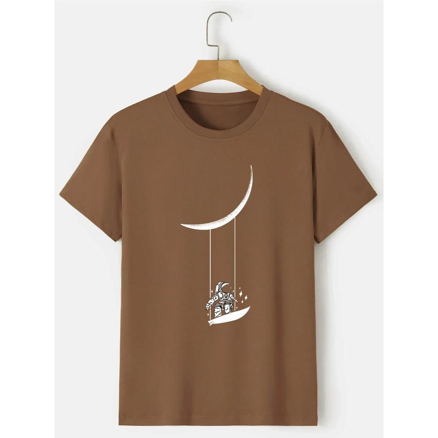 Astronaut Moon Swing Print Men's T-Shirt, 100% Cotton Crew Neck Short Sleeve Top, Spring Summer Menswear High Quality