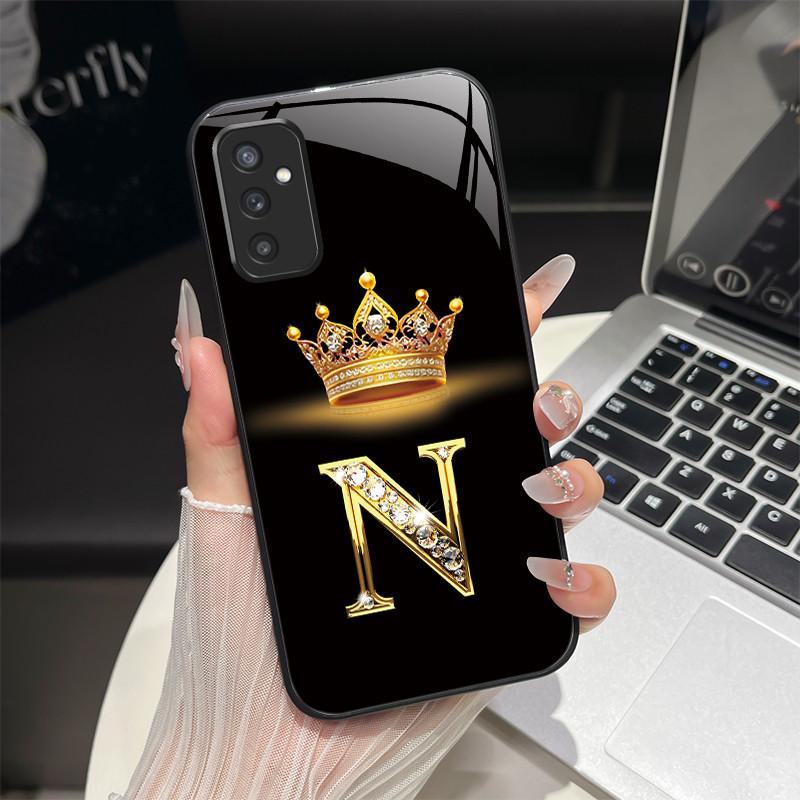 For Samsung M52 5G Case Galaxy M14 SM-M526B SM-M146B Phone Case ShockProof Fashion Initial Letter Hard Tempered Glass Back Cover