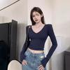 Black Spicy Girl V-neck Long Sleeve Shoulder Pad Top - Slim Fit Summer Innerwear
