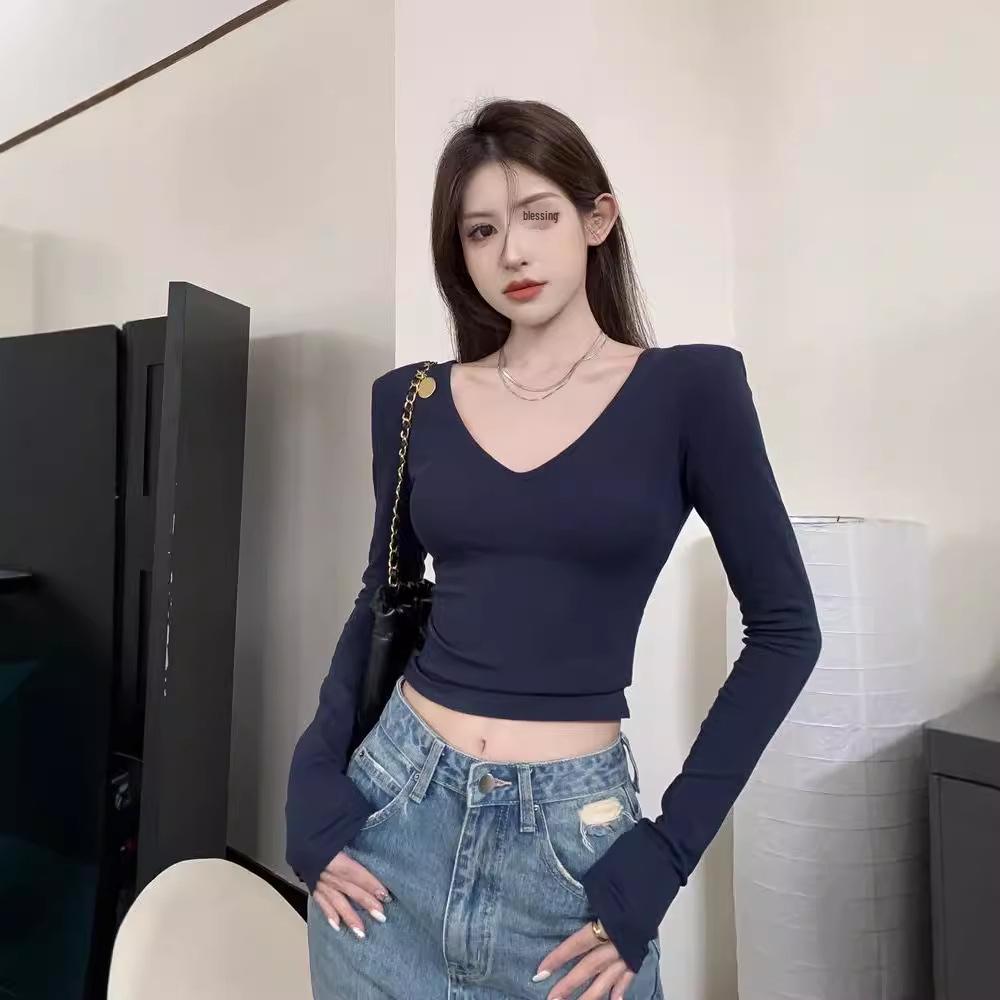 Black Spicy Girl V-neck Long Sleeve Shoulder Pad Top - Slim Fit Summer Innerwear