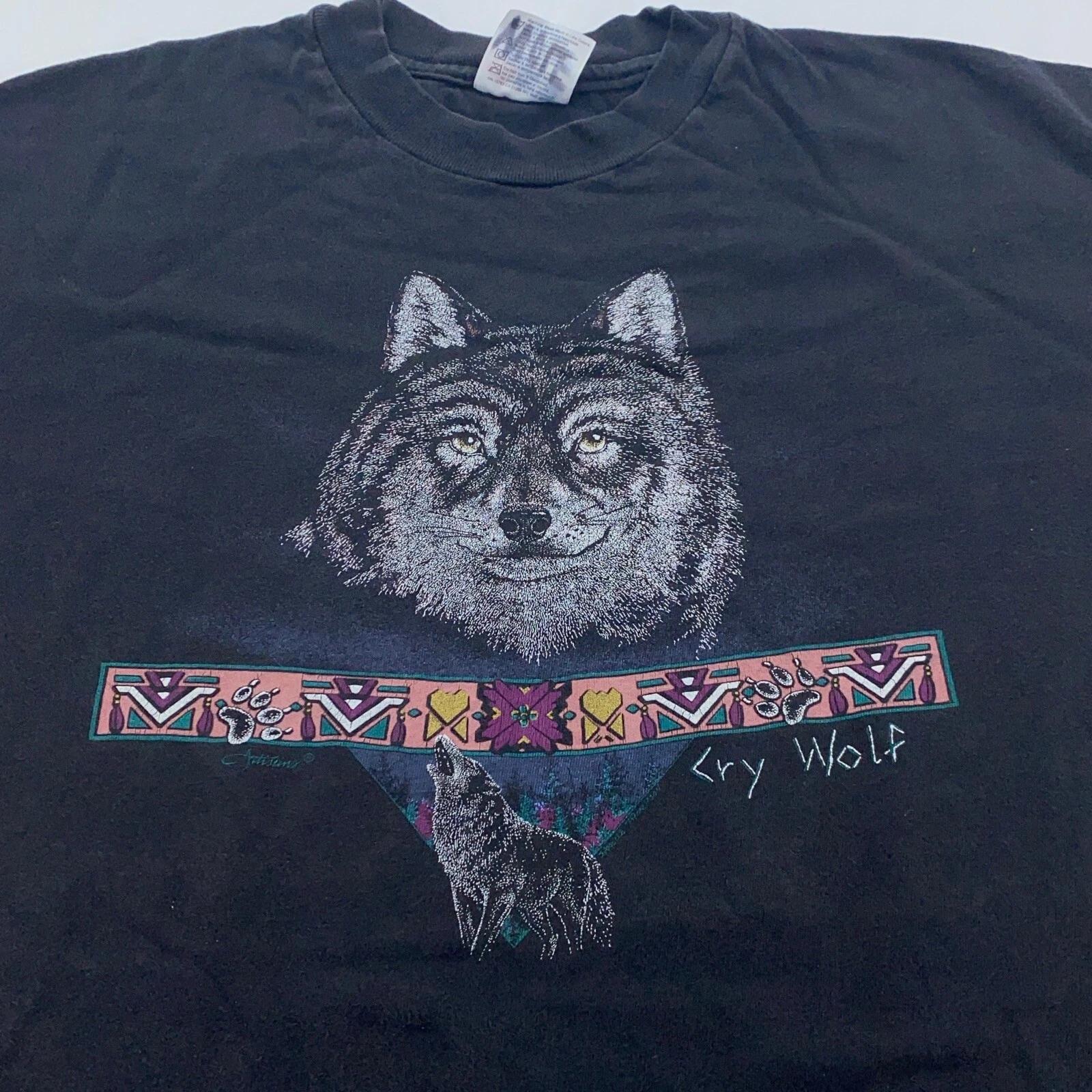 

vintage 90s CRY WOLF DOUBLE LAYERED SLEEVES T-Shirt LARGE/XL native america soft XL