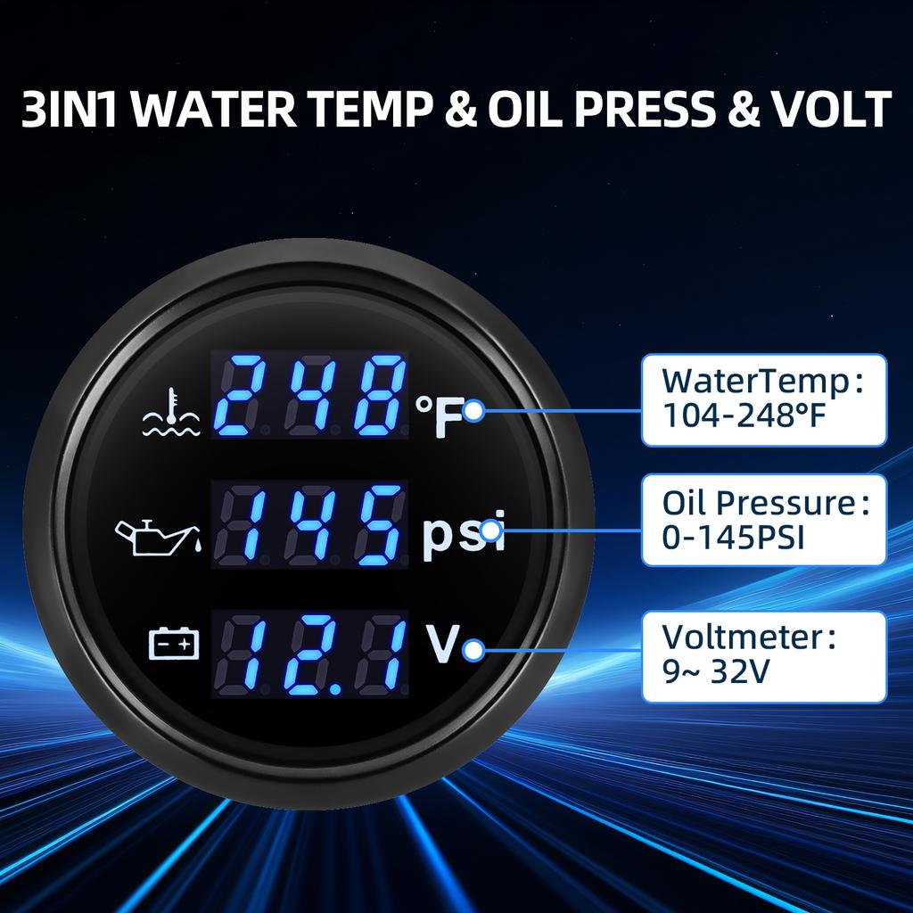 Digital 52mm 3 in 1 Water Temperature+Oil Pressure+Volt Gauge Sensors( Option) For Marine Boat Car Waterproof Gauge 12V24V