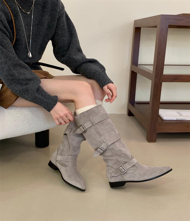 

Остроносые ретро ботфорты на толстом каблуке для женщин, тонкие ботинки с ворсом, пряжка ремня, ковбойские сапоги, рыцарские сапоги 39 серый