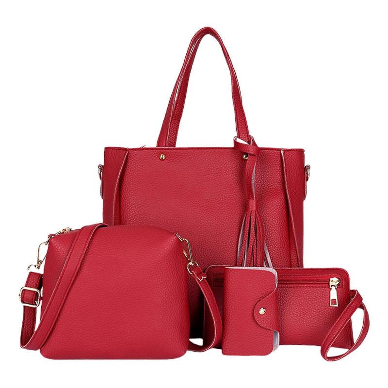 Elegant 4Pcs Women's PU Leather Shoulder Bag Set Crossbody Purse Shoulder Bag Card Holder Casual Handbag Red