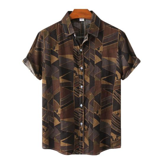 Men Shirt Vintage Style Geometric Print Colorful Turn-down Collar Summer Top Male Garment