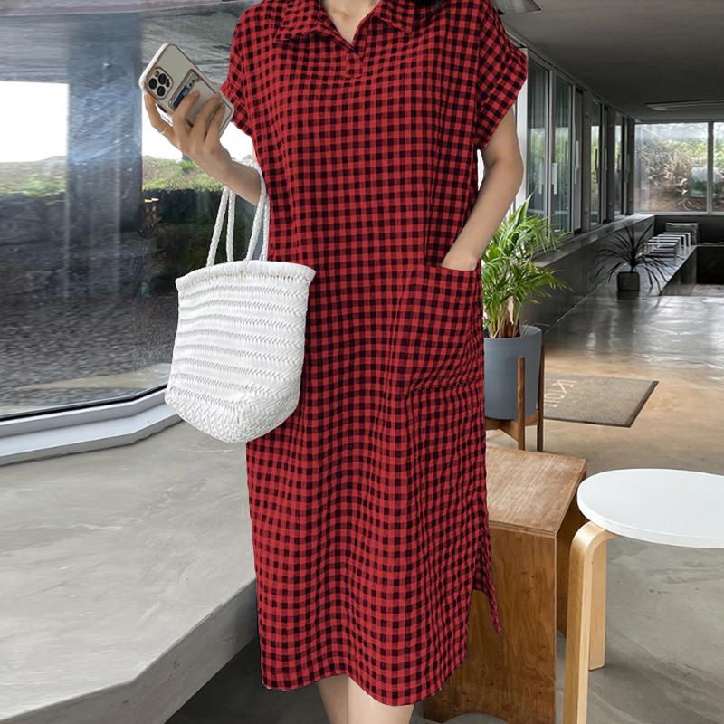 

ZANZEA Женское повседневное платье-рубашка с коротким рукавом и отложным воротником с принтом в клетку 5XL вино красного