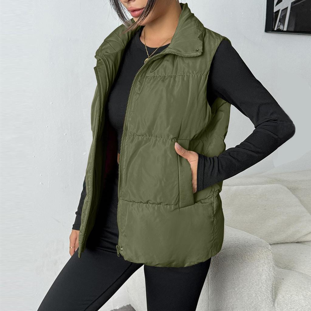 Women Lightweight Stand Collar Sleeveless Winter Warm Zip Up Padded Outerwear Jackets With Pockets