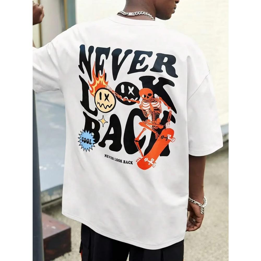 

Никогда не оглядывайся назад Креативная улыбка Череп Принт Мультфильмы Уличный принт Футболка Мужская свободная футболка Одежда Хлопковые топы с круглым вырезом Футболка XXXXXL белый