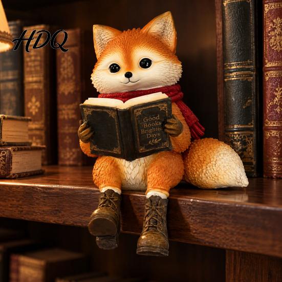 Artistic Resin Cat Sculpture Reading Owl/Fox Figurine with Dangling Legs Shelf Sitter Statue Open Book Glasses Red Scarf and Boots Rustic