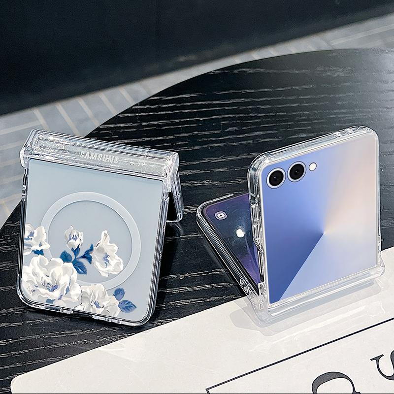 Magnetic Phone Case For Samsung Galaxy Z Flip 7 FE 7 6 5 4 Flip7 Flip6 Flip5 For Magsafe Artistic Flower Painting Clear PC Cover