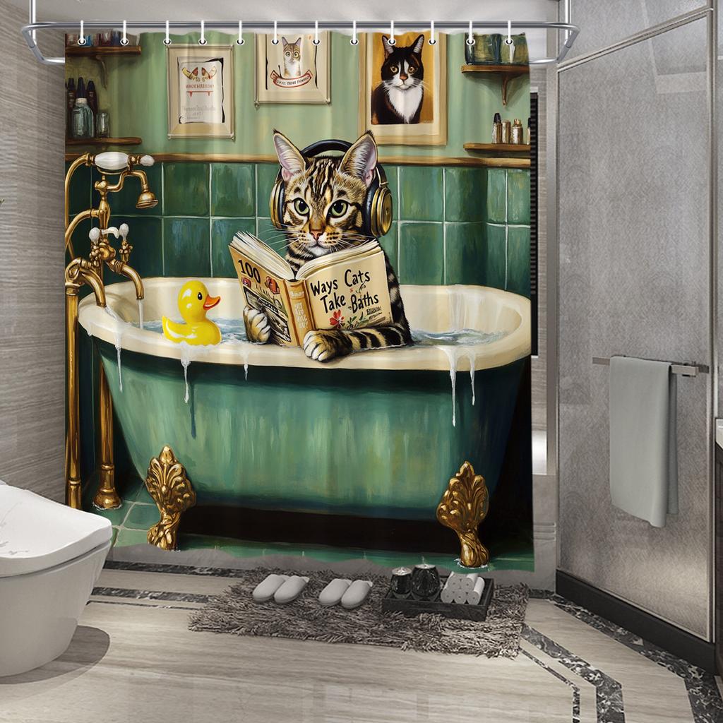 Cute Cat Reading in Bathtub Waterproof Shower Curtain for Modern Bathroom Decor, Stylish and Durable, Perfect for Home Use