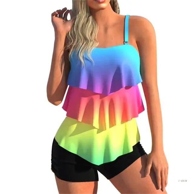 Ruffle Flounce Bathing Suit Fashion Two Pieces Tankini Swimsuit Summer  Top Swimwear with Boyshorts for Women Female