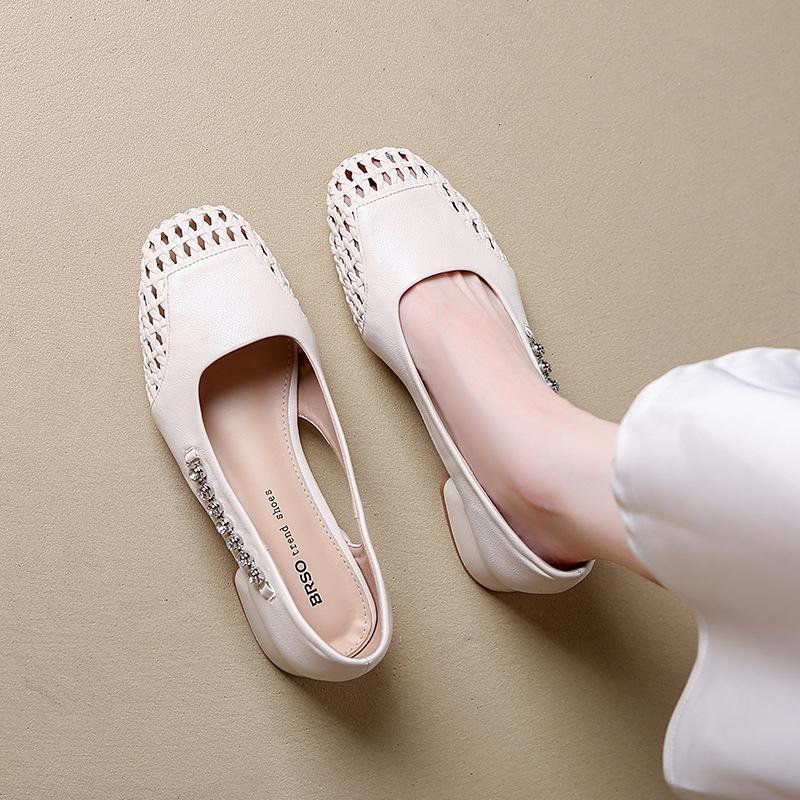 Single shoes thick heel 2025 new hollow breathable square headband woven soft leather with skirt Mary Jane women's shoes new