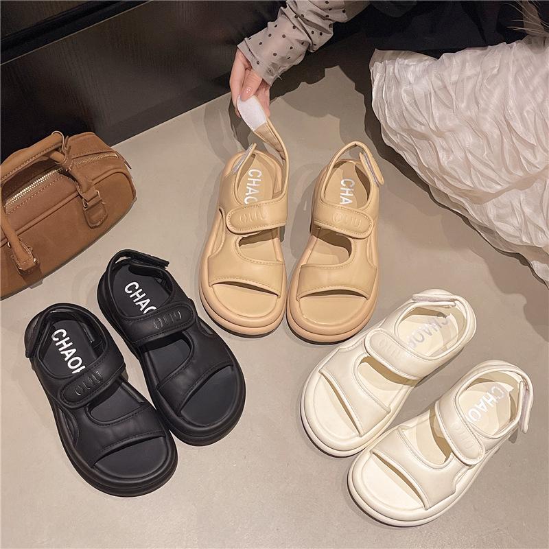 Thick-soled Velcro Sandals for Women 2025 Summer New Round Head Stepping On Shit Feeling Muffin Bottom Beach Shoes Beach Sandals for Women