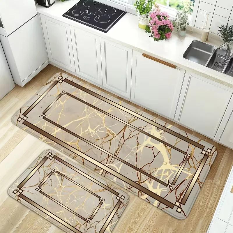 VIKAMA Marble Pattern Hallway Rug, Modern Gold Texture Rug, Non-Slip Kitchen & Entryway Mat, Breathable Indoor Rug